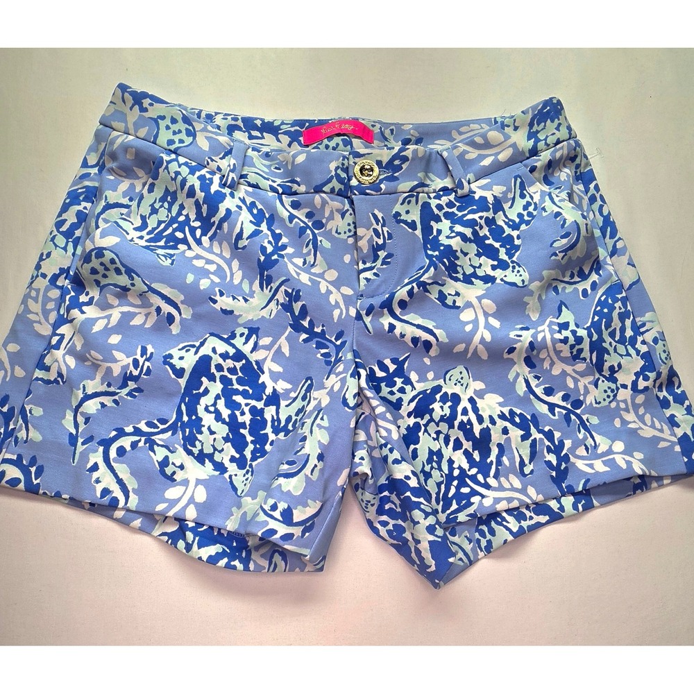 Lilly Pulitzer Callahan Shorts Blue White Sea Turtle Print Chino Stretch Size 4